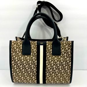 DKNY “CARLITA MD TOTE” BAG, BEIGE BASE & BROWN LOGO ALL OVER WITH SHOULDER STRAP